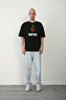 Unisex Bisiklet Yaka Baskılı Oversize T-Shirt - Siyah