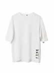 Unisex Bisiklet Yaka Baskılı Oversize T-Shirt - Beyaz