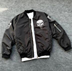 Siyah Askeri Tarz Bomber Mont - Unisex, Punisher Skull Detaylı