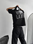 Baskılı Oversize Bisiklet Yaka T-shirt - Siyah