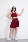 Sendy Kumaş Bisiklet Yaka Crop Şortlu Etek ikili Takım - Bordo