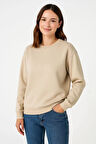 Kadın Üç İplik Düz Bisiklet Yaka SweatShirt - Bej