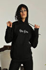 Kadın OversizeKapüşonlu Sweatshirt'Other Lives' Ön ve Arka Baskılı,Siiyah