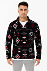 Erkek Yarım Fermuarlı Desenli Polar SweaT- Siyah