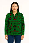Kadın Yarım Fermuarlı Desenli Polar Sweat Tribal Etnik Desen Yakalı, Uzun Kollu, Oversize Rahat Kalıp - Yeşil
