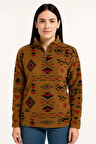 Kadın Yarım Fermuarlı Desenli Polar Sweat Tribal Etnik Desen Yakalı, Uzun Kollu, Oversize Rahat Kalıp - Kahverengi