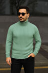 Erkek Balıkcı Yaka Bağazlı Triko Kazak Pamuklu Kalın Fitilli Dokuma, Regular Fit Uzun Kollu Kışlık Model - Mint Yeşili