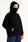 Samuray Ninja Çift Kapşonlu ZIP Fermuarlı Kanguru Çepli Hoodie Maske detaylı  sweatshirt - Siyah