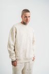 Erkek 3 İplik Pamuklu Yağ Yıkamalı Sweatshirt Double Oversize Bisiklet Yaka Uzun Kol - Krem