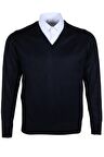 Erkek Yünlü Kazak V Yaka Normal Klasik Kesim Lacivert RAR00372 Lacivert-2XL