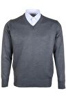 Erkek Yünlü Kazak V Yaka Normal Klasik Kesim Gri RAR00374 Gri-M