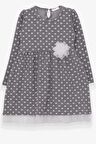 Breeze Kız Çocuk Uzun Kollu Elbise Puantiyeli Beyaz Çiçekli 3-7 Yaş, Gri