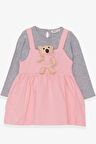 Breeze Kız Çocuk Uzun Kollu Elbise Ayıcık Aksesuarlı 2-6 Yaş, Pudra