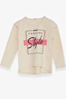 Breeze Kız Çocuk Uzun Kollu Tişört Taşlı Yazı Baskılı 6-12 Yaş, Krem