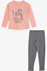 Breeze Kız Çocuk Taytlı Takım Yazı Baskılı 4-9 Yaş, Pudra