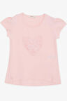 Breeze Kız Çocuk Tişört Kalp Çiçek Nakışlı 4-8 Yaş, Pembe