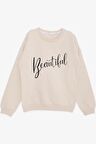 BREEZE Kız Çocuk Sweatshirt Taşlı Yazı Baskılı 9-14 Yaş, Bej