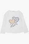 Breeze Kız Çocuk Uzun Kollu Tişört Kazayağı Puantiyeli Kalp Baskılı Yazılı 3-8 Yaş, Ekru