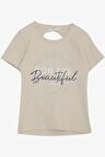 BREEZE Kız Çocuk Tişört Crop Sırt Dekolteli Yazı Baskılı Simli 9-14 Yaş, Bej