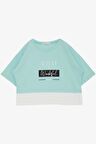 BREEZE Kız Çocuk Crop Tişört Yanları Yırtmaçlı Yazı Baskılı 9-14 Yaş, Su Yeşili