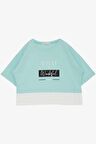 BREEZE Kız Çocuk Crop Tişört Yanları Yırtmaçlı Yazı Baskılı 9-14 Yaş, Su Yeşili