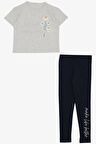 Breeze Kız Çocuk Taytlı Takım Çiçek & Yazı Baskılı Fiyonklu 5-10 Yaş, Açık Gri Melanj