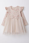 Breeze Kız Çocuk Uzun Kollu Elbise Çiçekli Fiyonklu Tüllü 1.5-5 Yaş, Bej