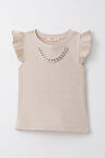 Breeze Kız Çocuk Tişört Kemer Boy Yakası Zincir Aksesuarlı 9-14 Yaş, Bej