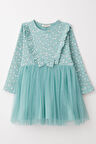 Breeze Kız Çocuk Uzun Kollu Elbise Çiçekli Fiyonklu 2-6 Yaş, Su Yeşili