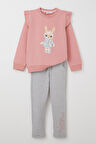 Breeze Kız Çocuk Eşofman Takım Sevimli Tavşancık Baskılı 3-8 Yaş, Gülkurusu