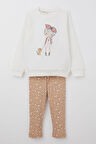 Breeze Kız Çocuk Taytlı Takım Sevimli Kız Baskılı Çiçekli 2-6 Yaş, Ekru