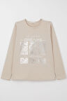 Breeze Kız Çocuk Uzun Kollu Tişört Yaldızlı Yaprak Desenli 9-14 Yaş, Bej