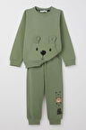 Breeze Erkek Bebek Eşofman Takım Sevimli Ayıcık Desenli Kanguru Cepli 9 Ay-3 Yaş, Haki Yeşil