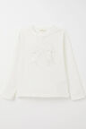 Breeze Kız Çocuk Uzun Kollu Tişört Kelebek Armalı İncili 8-14 Yaş, Ekru