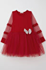 Breeze Kız Çocuk Uzun Kollu Elbise Kolları Tül Fiyonk Aksesuarlı Tüllü 5-10 Yaş, Kırmızı