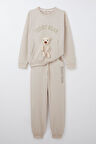 Breeze Kız Çocuk Eşofman Takım Ayıcık Aksesuarlı Yazı Nakışlı 5-9 Yaş, Bej