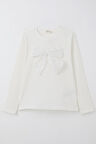 Breeze Kız Çocuk Uzun Kollu Tişört Taşlı Fiyonk Aksesuarlı 9-14 Yaş, Ekru