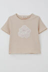 Breeze Kız Çocuk Tişört Tül Çiçek Armalı Boncuk Aksesuarlı Kemer Boy 8-14 Yaş, Bej