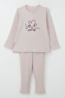 Kız Çocuk Taytlı Takım Sevgi Temalı Yazı Nakışlı 2-6 Yaş, Pudra