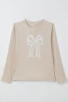 Breeze Kız Çocuk Uzun Kollu Tişört Fiyonk Tül Armalı Boncuklu 9-14 Yaş, Bej