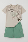 Breeze Erkek Çocuk Şortlu Takım Güçlü Dinozorlar Baskılı 3-8 Yaş, Bej