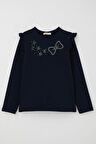 Breeze Kız Çocuk Uzun Kollu Tişört Işıltılı Taş İşleme Detaylı 4-10 Yaş, Lacivert