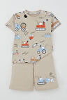 Breeze Erkek Çocuk Şortlu Takım Eğlenceli İş Makineleri Desenli 1.5-5 Yaş, Bej
