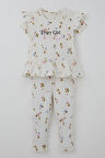 Breeze Kız Çocuk Taytlı Takım Çiçek Desenli Kolları Fırfır Detaylı 2-6 Yaş, Ekru