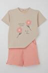 Breeze Kız Çocuk Şortlu Takım Örgü Çiçek İşlemeli 6-12 Yaş, Bej