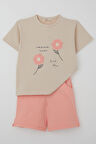 Breeze Kız Çocuk Şortlu Takım Örgü Çiçek İşlemeli 6-12 Yaş, Bej