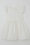 Breeze Kız Çocuk Elbise Çiçek Nakışlı Fiyonk Aksesuarlı 2-6 Yaş, Ekru