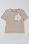 Breeze Kız Çocuk Tişört Çiçek Aksesuarlı İnci Detaylı 9-14 Yaş, Bej