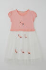 Breeze Kız Çocuk Elbise Sevimli Flamingo Nakışlı Tüllü 4-8 Yaş, Somon