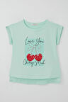 Breeze Kız Çocuk Tişört Sevgi Temalı Kalp Fiyonk Baskılı 10-16 Yaş, Su Yeşili